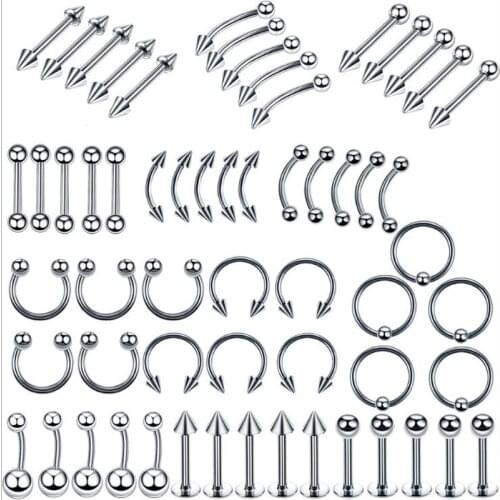 SaYao 60 Pieces 16G Stainless Steel Body Jewelry Kit Circular Barbell Nose Labret Eyebrow Belly Ring Tragus Piercing