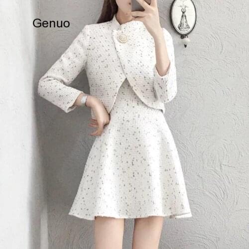New Arrival 2020 Women Tweed 2 Piece Set Dress Autumn Winter White Plaid Short Jacket Coat + Vest Ball Gown Skirt Suits