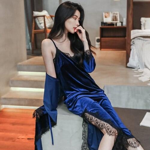 Autumn Winter Kimono Robe Gown Suit for Women Velour Sleepwear Lace Trim Home Dress Sexy V-Neck Strap Nightgown Long Bathrobe