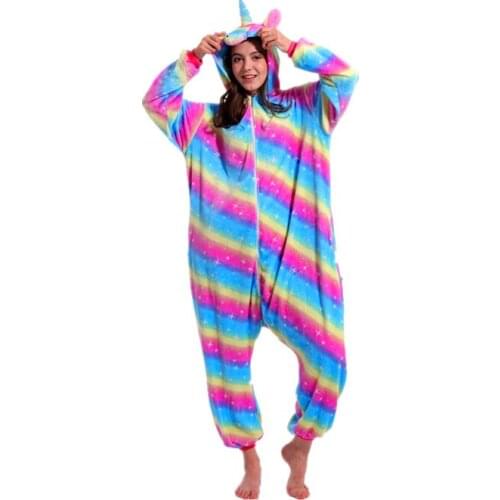 Unicorn Pajamas Costumes Adult Animal Stitch Cat Onesie Women Men Couple Winter Pajamas Suit Nightie Sleepwear Flannel Homewear