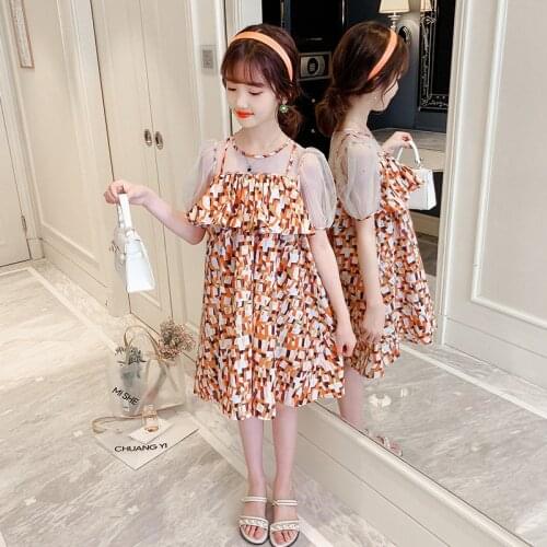 Teen Girls Dress French Fashion Mesh Short Sleeve Summer Print Elegant Princess Schoool Party Teenager Kids Clothes 4 To 14Years