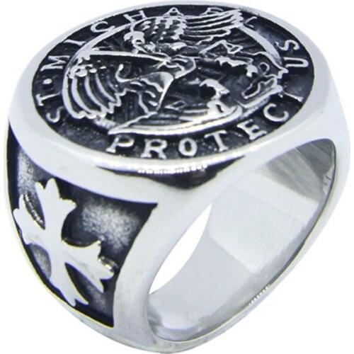 Support Dropship Size 7-15 Cross Saint Michael Protect US Ring 316L Stainless Steel Saint Ring