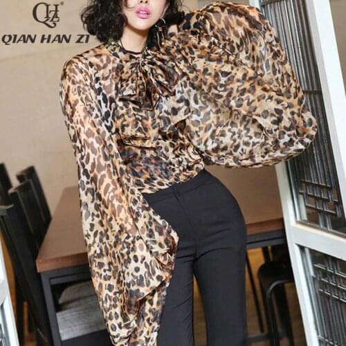 Qian Han Zi Designer summer Bow Fashion shirt 2020 Womens Lantern Sleeve vintage Leopard tops and blouses