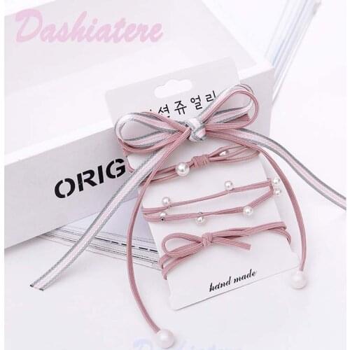 4pcs/lot Hair Ties Scrunchies Set for Women Pink Head Accessories Pearl bow Rubber Band Teen Girls Elastics Ponytail Holder Rope