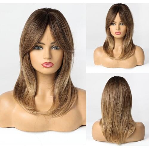 Ombre Dark Black Honey Brown Synthetic Wigs with Side Bangs Middle Long Wigs for Women Cosplay Daily Party Heat Resistant Fiber