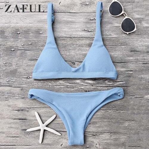 Zaful Low Waisted Padded Scoop Neck Bikini Set Solid Wire Free Swimwear Padded Swimsuit Sexy Women Bathing Suit 2020