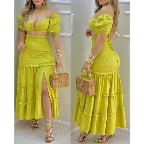 Summer 2 Piece Set Women Elegant Outfits O-Ring Crop Top & Frill Hem Shirred Slit Maxi Skirt Set Casual Slash Neck Sets Clothes