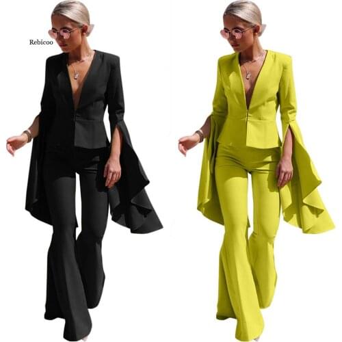 Women Flare Pants Suits V-Neck Solid Colors Casual Office Blazer Set Fashion Irregular Ruffles Sleeve Blazer Two Piece Set