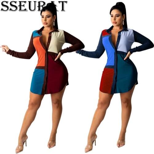 SSEURAT Women Mini Dress Patchwork Full Sleeve Turn-down Collar Single Breasted Straight Dresses Office Lady Casual Outfit