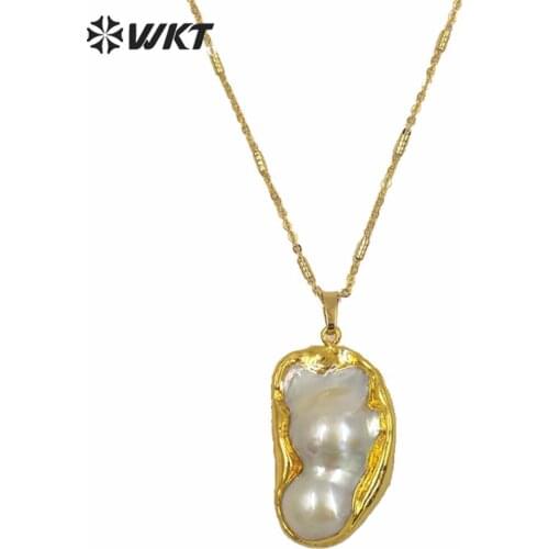 WT-JN063 Baroque Pearl Necklace Random Size Big Drop White Pearl With Gold Bezel Pendant Beach Wedding Jewelry