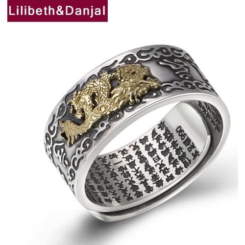 2019 Finger Adjustable Ring 100% Real S990 Sterling Silver jewelry Men Buddha Mantra Dragon Scripture statement Wedding Ring R14
