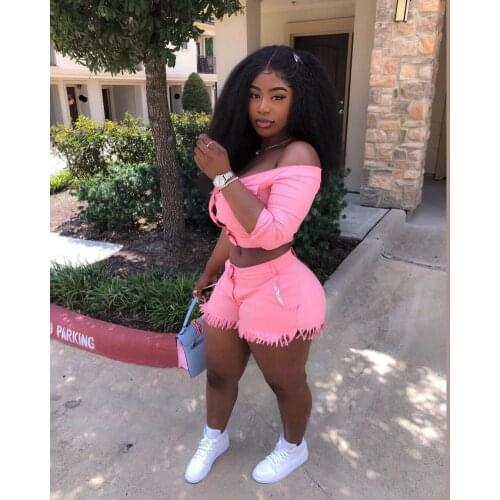 VAZN 2021 Solid Jogging Off ShoulderBiker Shorts Women Clothes Outfit Two Piece Set Women Short Sleeve Top And Short Pant Sets