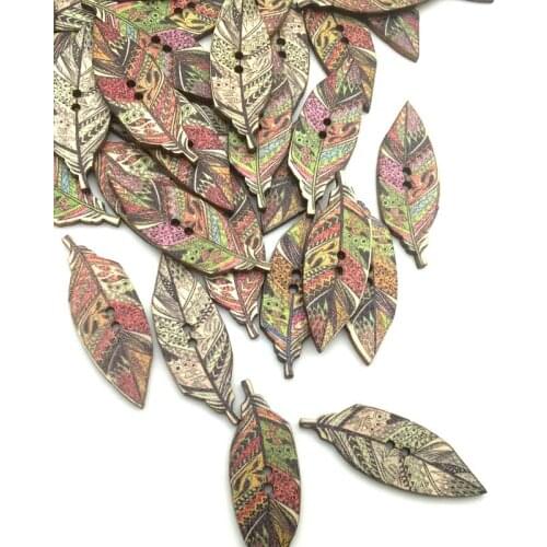 50PCS/Lot 42x15mm Indian Feather DIY 2 Hole Wood Buttons For Sewing Scrapbook Clothing Crafts Handwork Accessories Card SC013