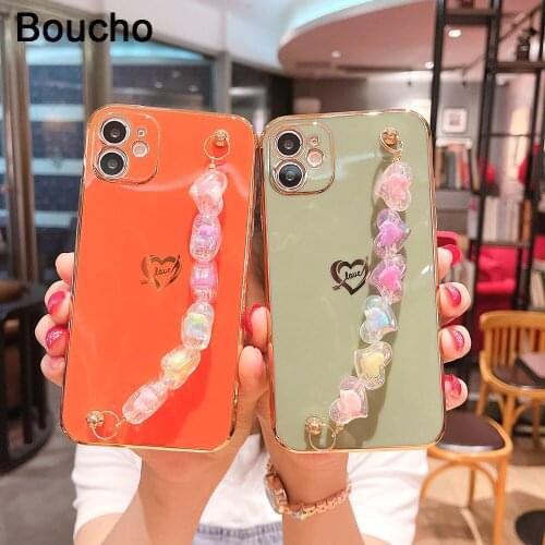 Crystal heart bracelet Hand Holder Cover for iPhone 12 Mini 11 Pro Max XS Luxury Plated Gold Cases for iPhone 8 7 Plus XR X SE