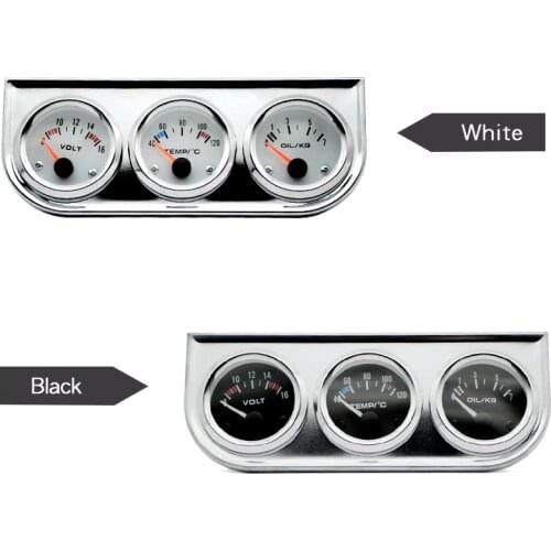 Water Temp Oil Pressure Volt Gauge 52mm 3 in 1 Triple Gauge Kit Chrome Bezel Black/White Face Color With Temp & Pressure Sensor