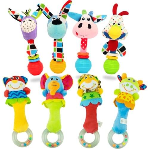 Baby Rattle Soft Plush Stuffed Animals Hand Bell Newborn Babi Infant Squeaky Sound Toys Ring Bell Cow Dog 0-12 Months Gift