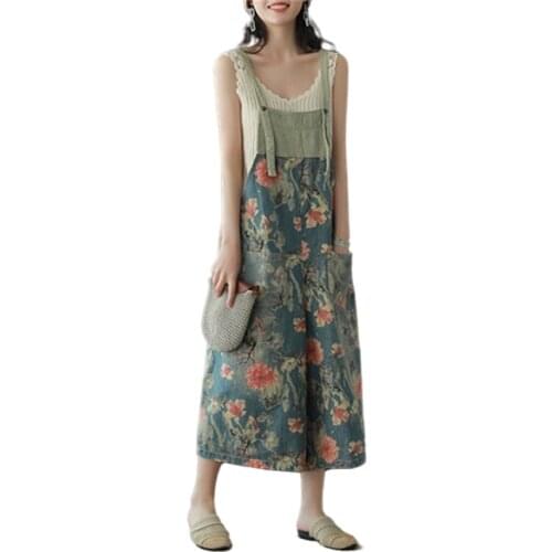 Jeans Overalls Summer Women Casual Loose Floral Printed Denim Jumpsuit Female Casual Pants
