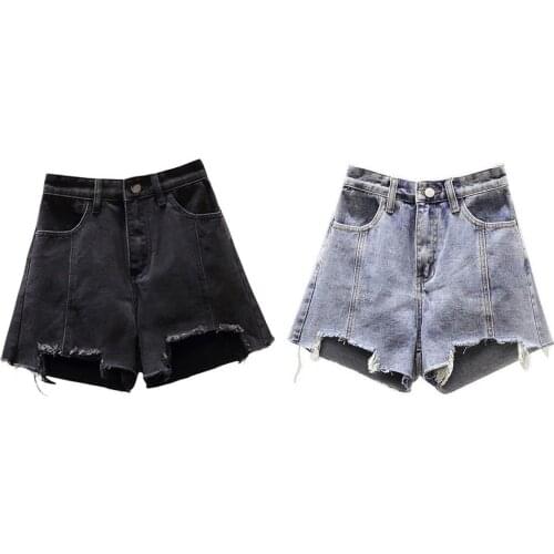 Denim Shorts Women 2020 Fashion Women Hem High Waist Wide Leg Pockets Shorts Denim Jeans Summer Hot Short Pants Women