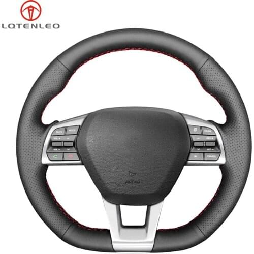 LQTENLEO Black Artificial Leather Car Steering Wheel Cover For Hyundai Sonata 9 (3-Spoke | D-Shape) 2015 2016 2017 2018 2019