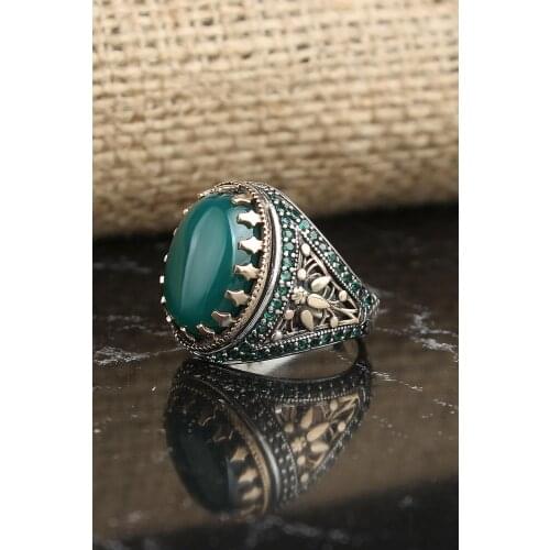 925 Sterling Silver Ring for Men Agate Stone, Jewelry Fashion Vintage Gift Onyx Aqeq Mens Rings All Size