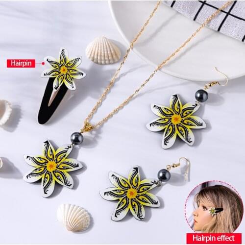SophiaXuan Hawaiian 3 Pcs Jewelry Sets Fashion Marshall Plumeria Flower Pendants Necklaces Earrings Hairpin Set for Women Summer