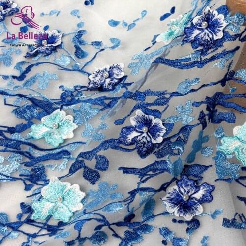 New arrivals blue/pink mixed color handmade beads with flowers on netting embroidery wedding dress lace fabric