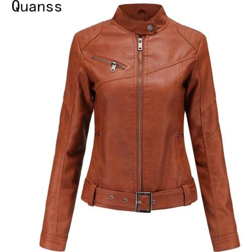 Quanss New 2021 Women Spring Autumn Faux Leather Jackets Zipper Basic Coat Motor Biker Jacket With Belt Female Winter Pu Outwear