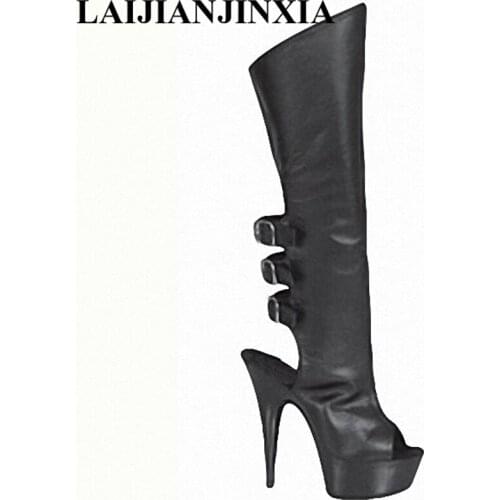 LAIJIANJINXIA New Buckle Strap Motorcycle boots Women Knee High Boots 15cm Super High Open Toe Boots Ladies Platform Shoes