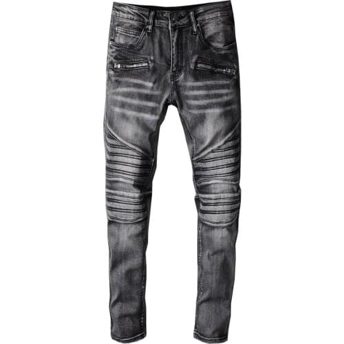 New mens male fashion trousers European street trend autumn winter smoky gray stitching jeans stretch slim-fit motorcycle pants