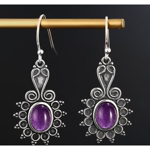 New Style Oval Ethnic Flower Amethyst Womens 925 Sterling Silver Drop Earrings Wedding Party Anniversary Engagement Jewelry