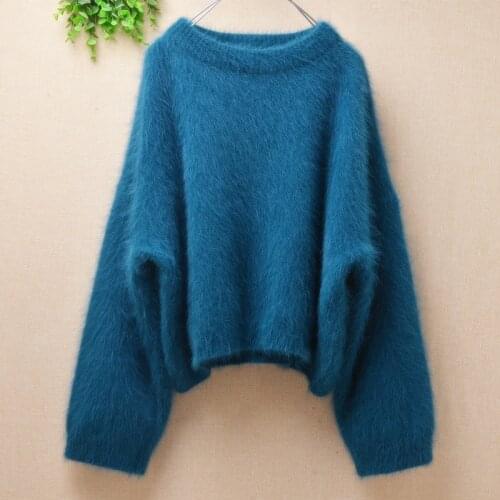 Ladies women autumn winter clothing short style hairy mink cashmere knitted long sleeve o-neck loose pullover angora fur sweater