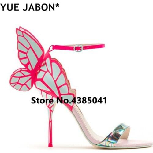 YUE Jabon Butterfly Wings Summer Peep Toe Sandals Women Shoes Stiletto High Heels Solid Color Buckle Sandals zapatillas mujer