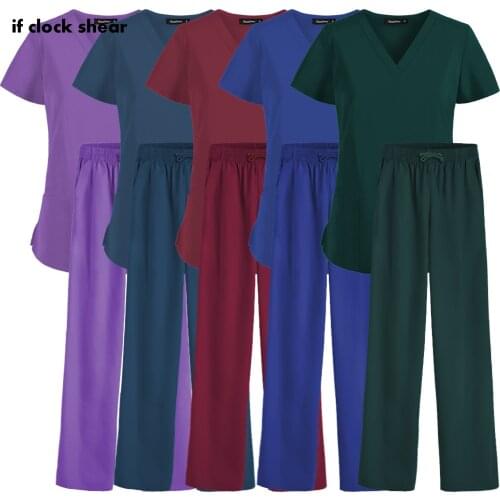 Pet Store Nurse Uniform Women Short Sleeve V-neck Tops Working Uniform with Pockets Blouse Pants Overalls Nurse Uniforms Clinico