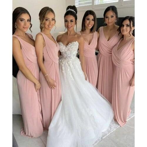 Vintage A-Line Long Satin V-Neck Pink Bridesmaid Dresses with Pockets Chiffon Pleated Custom Lace Up Formal Wedding Party Gowns