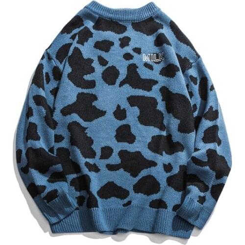 Japanese Harajuku Knitted Embroidered Milk Cow Sweater for Men and Women Urban Boys and Girls Knit Pullover Cow Jumper Plus Size