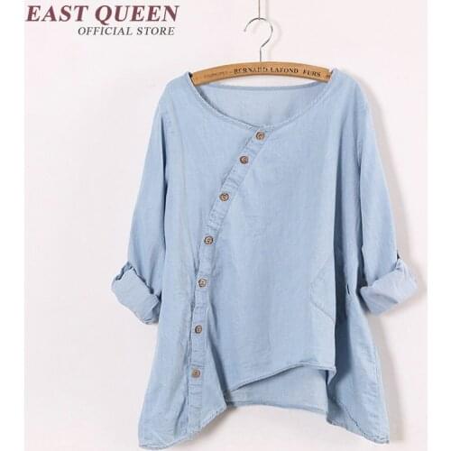 Womens denim shirt 2018 new light blue cotton and denim shirt female button front linen blouse free size AA2574 YQ