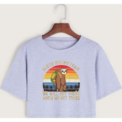 Sloth Hiking Team Womens Crop Shirt Cropped T-Shirt Crop Top Tee Summer Short Sleeve Cotton Tops Female Girls Graphic T-Shirts