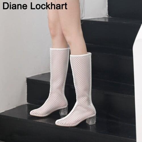 2020 Women New Transparent Heels Cool Boot Roman Wind Hollow Mesh Sandals Woman Autumn high-heeled Long Boots Summer Ankle Shoes