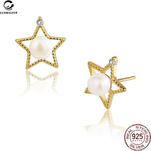 Korean Fashion Small fresh Five pointed star Earrings Female S925 silver Temperament Pearl earrings Free shipping 744