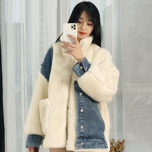 Winter Coat Women Patchwork Denim Faux Lambswool Jacket 2020 Loose Fit Thick Warm Fleece Womens Jacket