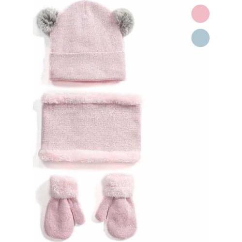 3PC/set Knitteed Hats Kids Girls Boys Winter Dual Pompom Beanie Cap Plush Neck Wrap Scarf Warm Thick Gloves Set Autumn Winte