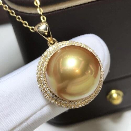 D415 Pearl Pendant Fine Jewelry Solid 18K Gold Diamonds Natural Round 13-14MM Ocean Sea Water Golden Pearls Pendants Necklaces
