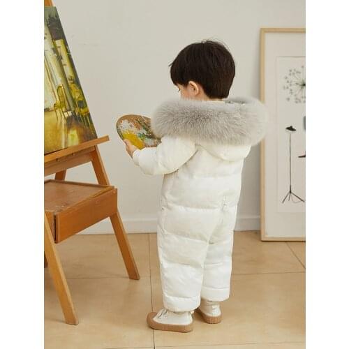 Russian Winter Infant Baby Snowsuit Real Fox Fur Collar Kids Boys Girls Rompers White Duck Down Filling Thick Warm Down Coat