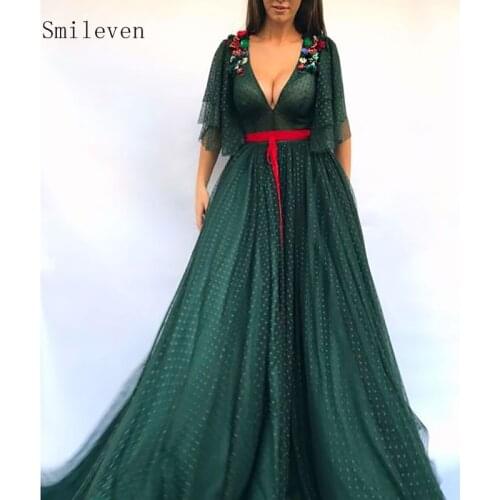 Smileven Polka Dots Tulle Evening Dress Sexy Deep V neck Mother Formal Dresses With Flowers Long Prom Party Dresses