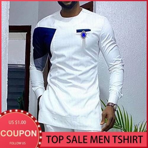 Mens T-shirt Long Sleeve Mid-length Color Block Patchwork Shirt Summer African Fashion White Striped Top Oversize Mens Casual