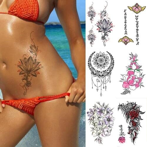 Geometric Flower Rose Leaves Waterproof Temporary Tattoo Sticker Diamond Peony Black Tattoos Body Art Arm Fake Tatoo