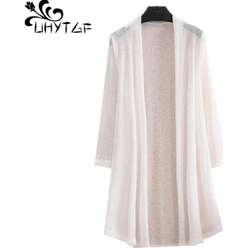 UHYTGF Fashion Ice Silk Mesh Shawl Cardigan Women Coat Thin Sun Protection Clothing Long-Sleeved Summer Jacket 5XL Plus Size2156