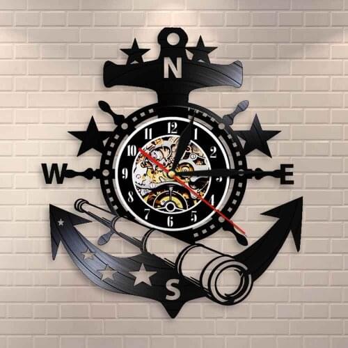 Vintage Ship Vinyl Record Wall Clock Sailing Boat Wall Art Yacht Design Home Deor Wall Clock Marina Scene Telescope Wall Watch