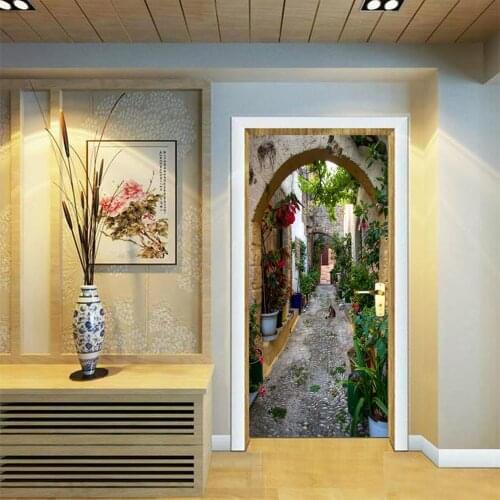 Paris Alley 3D Visual Hole Door Stickers Romantic Home Decoration Door Mural Self Adhesive Decals On the Wall Creative DIY Decor