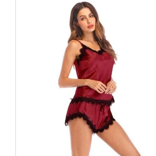 Womens Pajamas Set Home Suit Top and Shorts Sexy V-Neck Sleeveless Female Silky Satin Lace Sleepwear Wedding Gown Home Clothes
